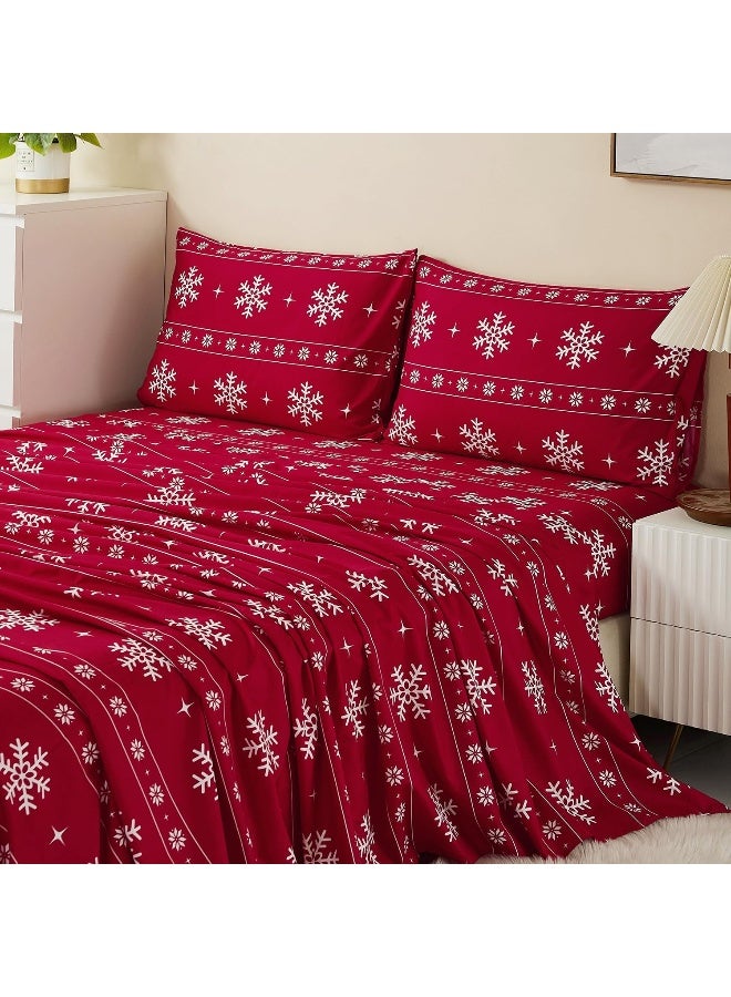 Vaulia Soft Microfiber Sheets, Print Snowflake Pattern Christmas Holidays, 4-Piece Set (1 Fitted Sheet 1 Flat Sheet 2 Pillowcases) Red/White Snowflake, Queen - Image 1
